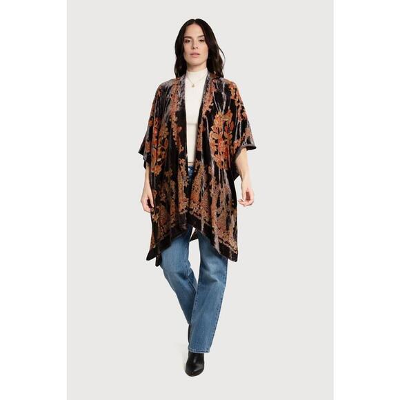 Tops - Sacchi Floral Velvet Ruana Coverup OS Black Brown Cape Shawl 3/4 Sleeves Boho